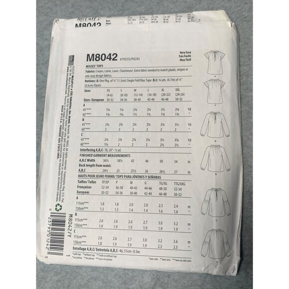 McCalls M8042 Misses Tops Sewing Pattern XSmall Small Medium uncut - Picture 3 of 4